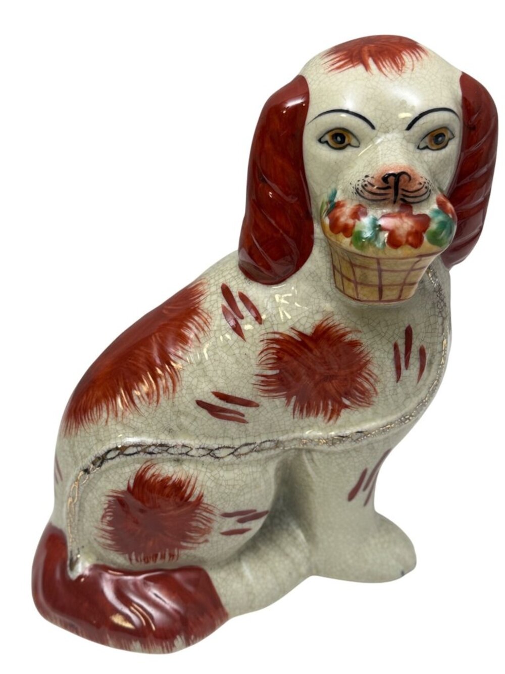 Vintage Staffordshire Style Spaniel Dog Figurine Crackle Glaze w/ Flower Basket